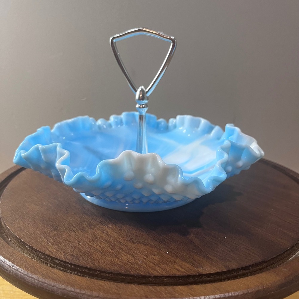 Vtg Fenton Blue Slag Glass Hobnail Ruffled Tidbit Tray Serving Dish 8"